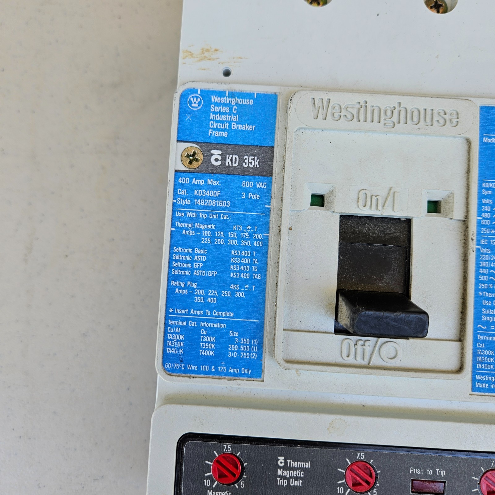 Westinghouse KD3400F Series C Circuit Breaker 400A 600VAC 3 Pole