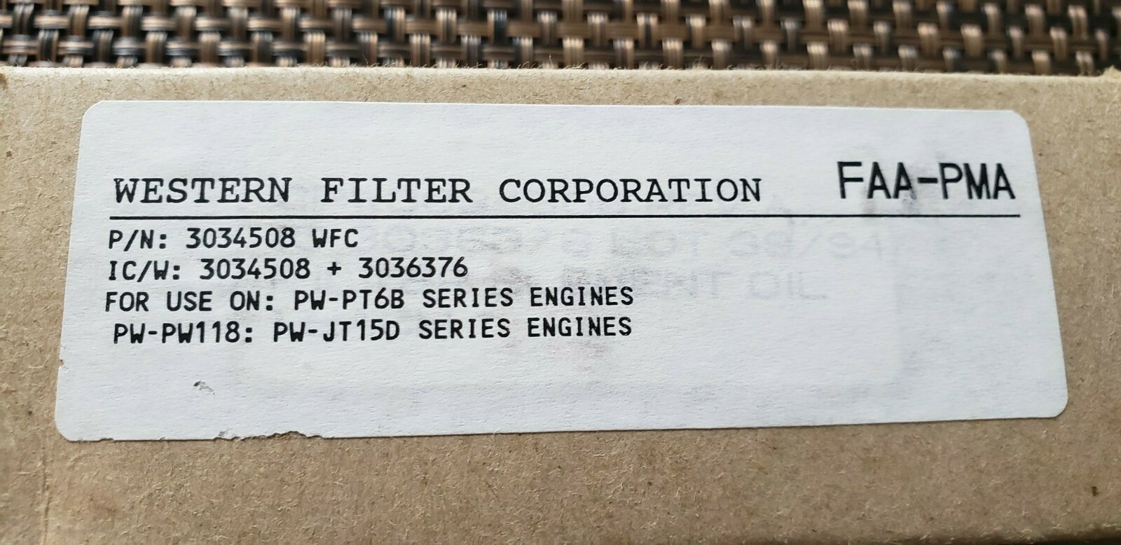 Oil filter element WESTERN FILTER CORPORATION – FAA-PMA P/N: 3034508 WFC