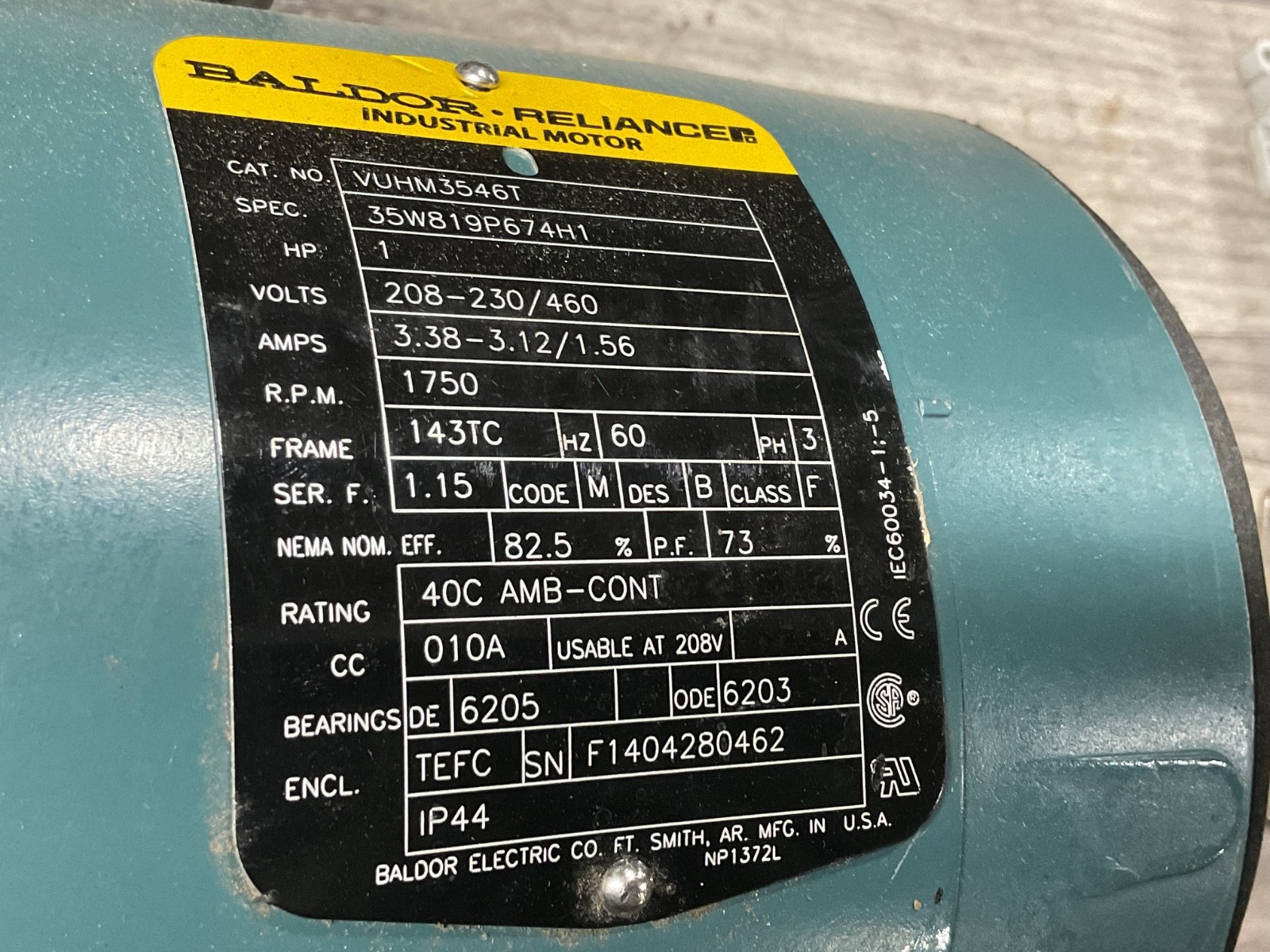 BALDOR RELIANCE 1HP MOTOR VUHM3546T #319H117PR8