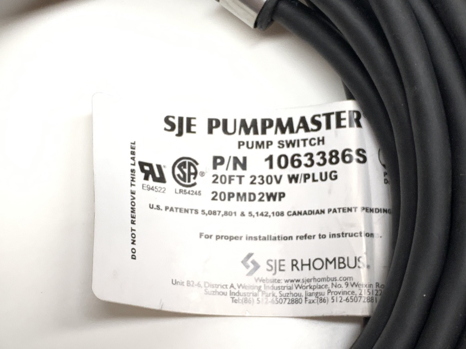 Grinder / Sewage pump 20 ft. Tethered Float Switch – 13 amp 230v. plug – NEW