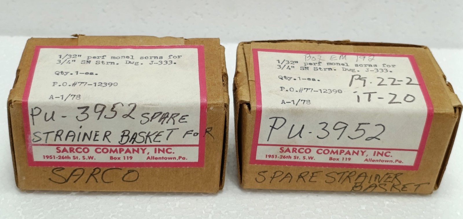 SARCO PU-3952 MONEL STRAINER BASKET 1/32 PERF 3/4 SN STRN LOT OF 2