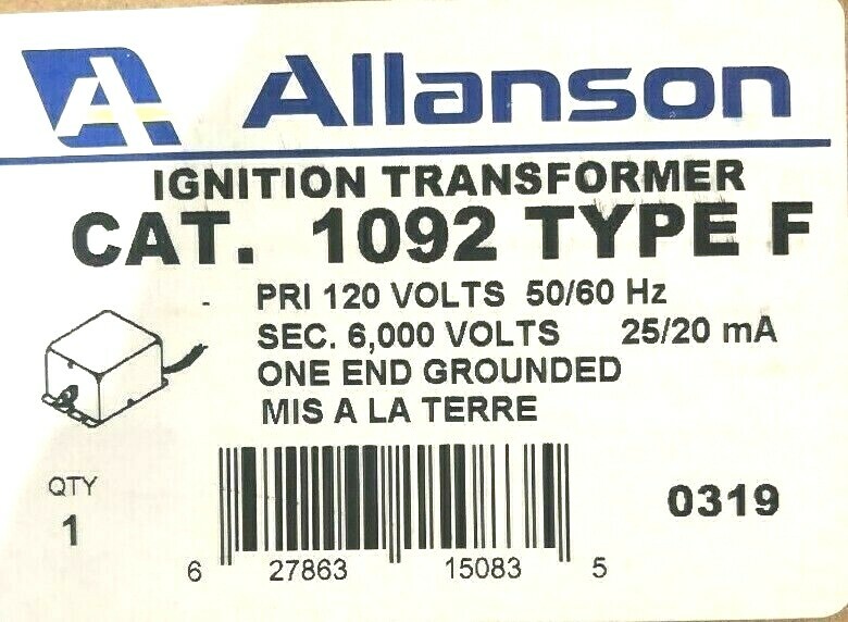 ALLANSON 1092F 6000V TRANSFORMER 1092-F, 1092 F REPLACES WEBSTER 612-6A7