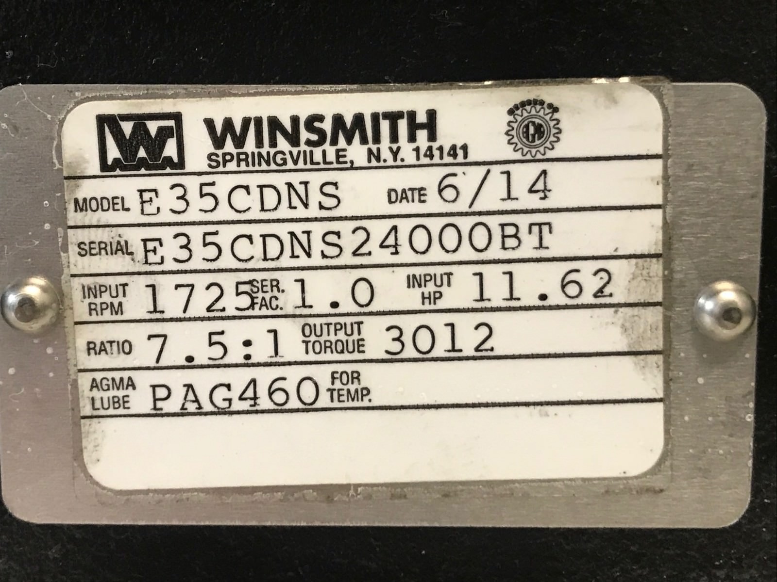 NEW! WINSMITH 1725RPM 7.5:1 11.62HP-MAX-IN 3012-OUT WORM GEAR REDUCER E35CDNS