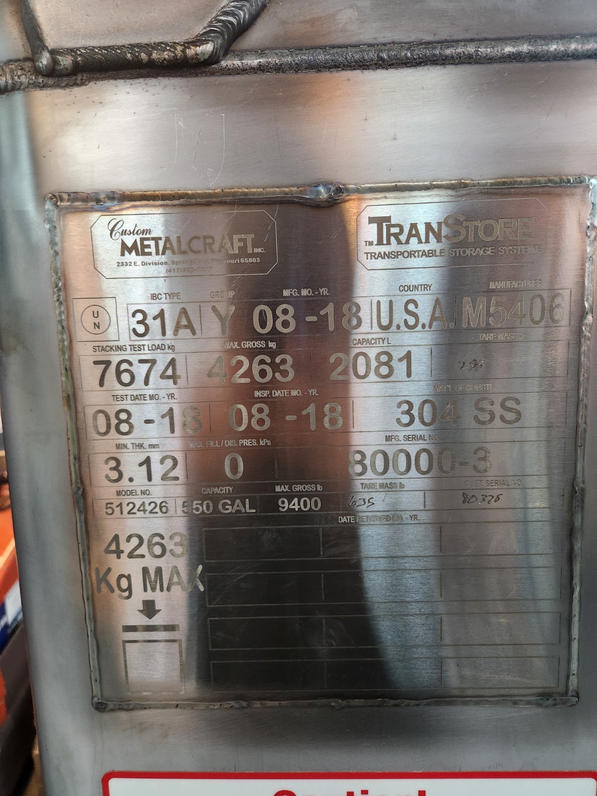 Custom Metalcraft TranStore 512426 550 Gallon 9400# Stainless Steel Container(1)
