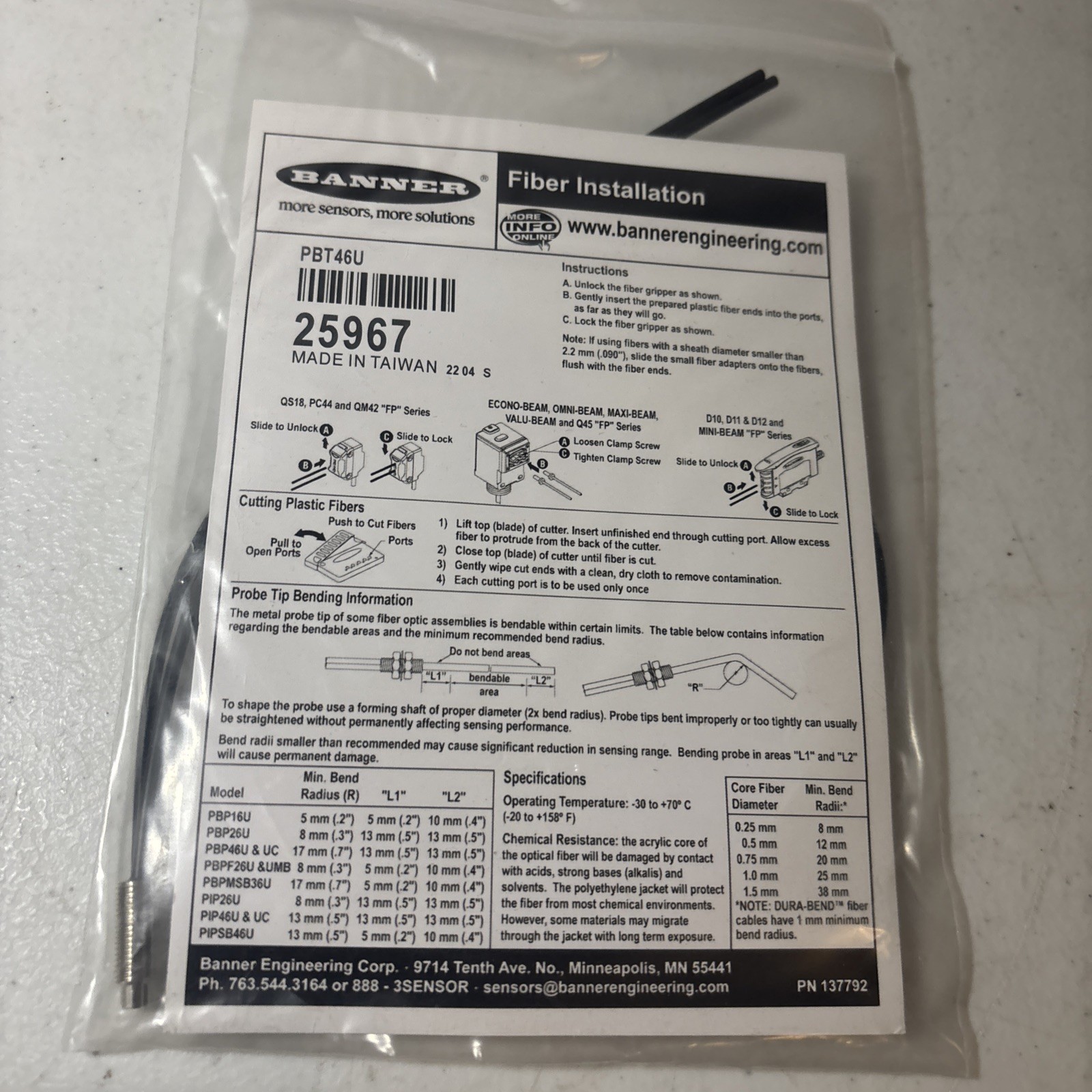 NEW BANNER PBT46U FIBER OPTIC CABLE SENSOR 25967 PFC-4