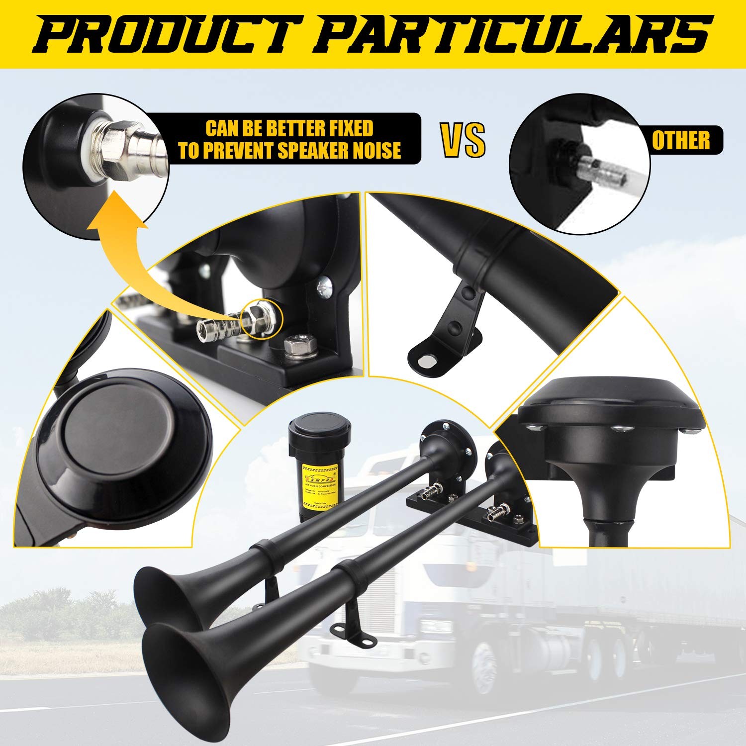 12V 150db Air Horn, 18 Inches Chrome Zinc Dual Trumpet Truck Air Horn with Co…