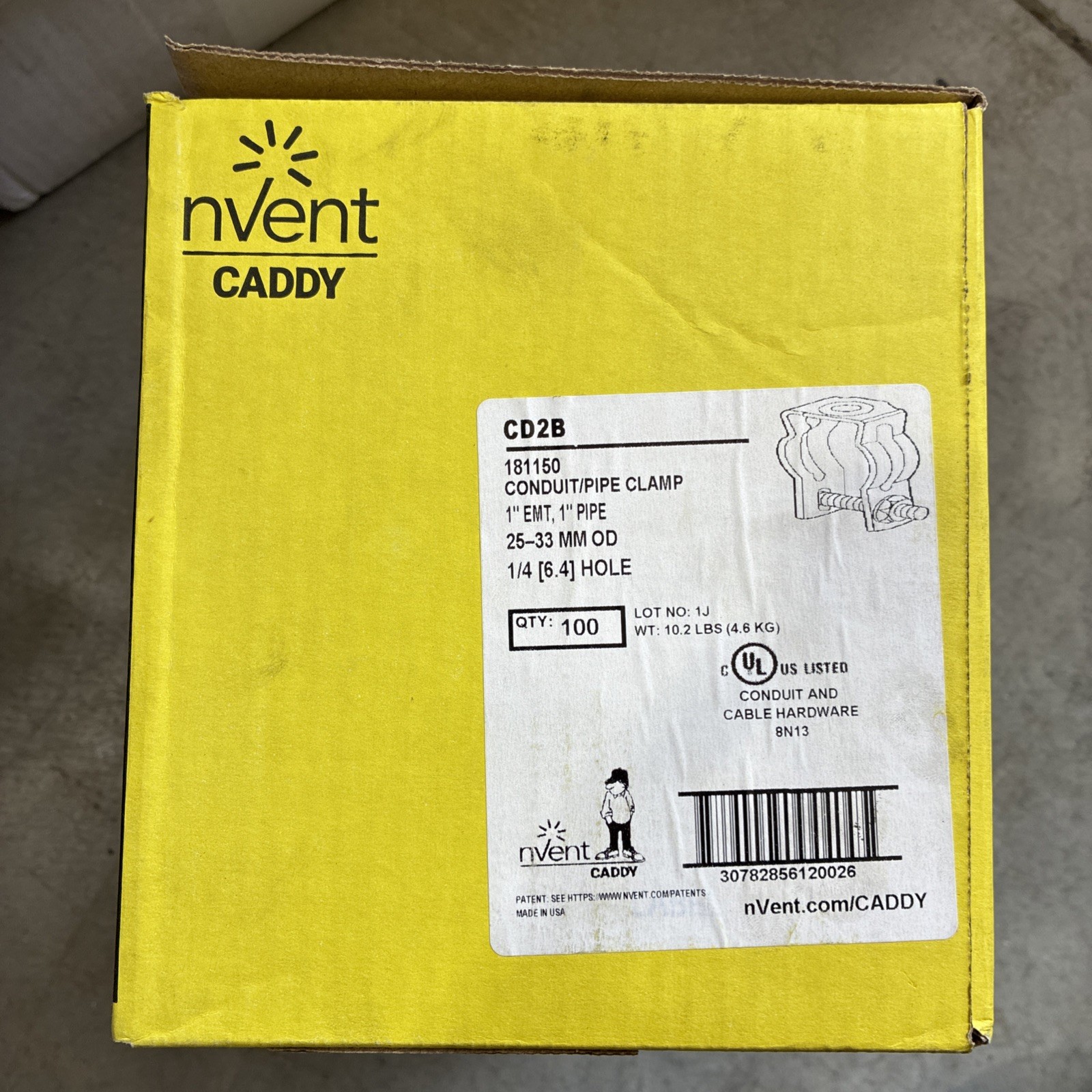 100PK nVent CADDY CD2B Conduit/Pipe Clamp, 1″ EMT/Rigid, Steel, Zinc‑Plated