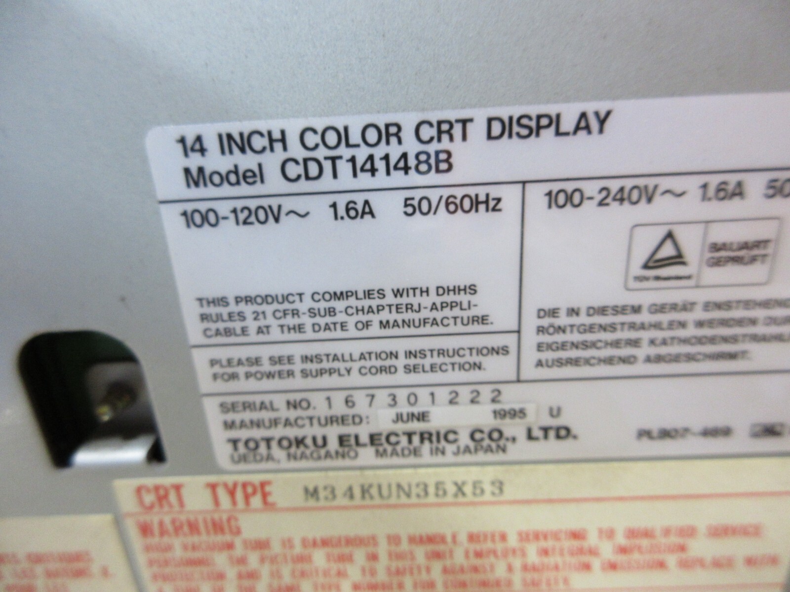SPECIAL PRICE 96 MITSUBISHI CX-20 EDM TOTOKU CDT14148B MONITOR DISPLAY WARRANTY