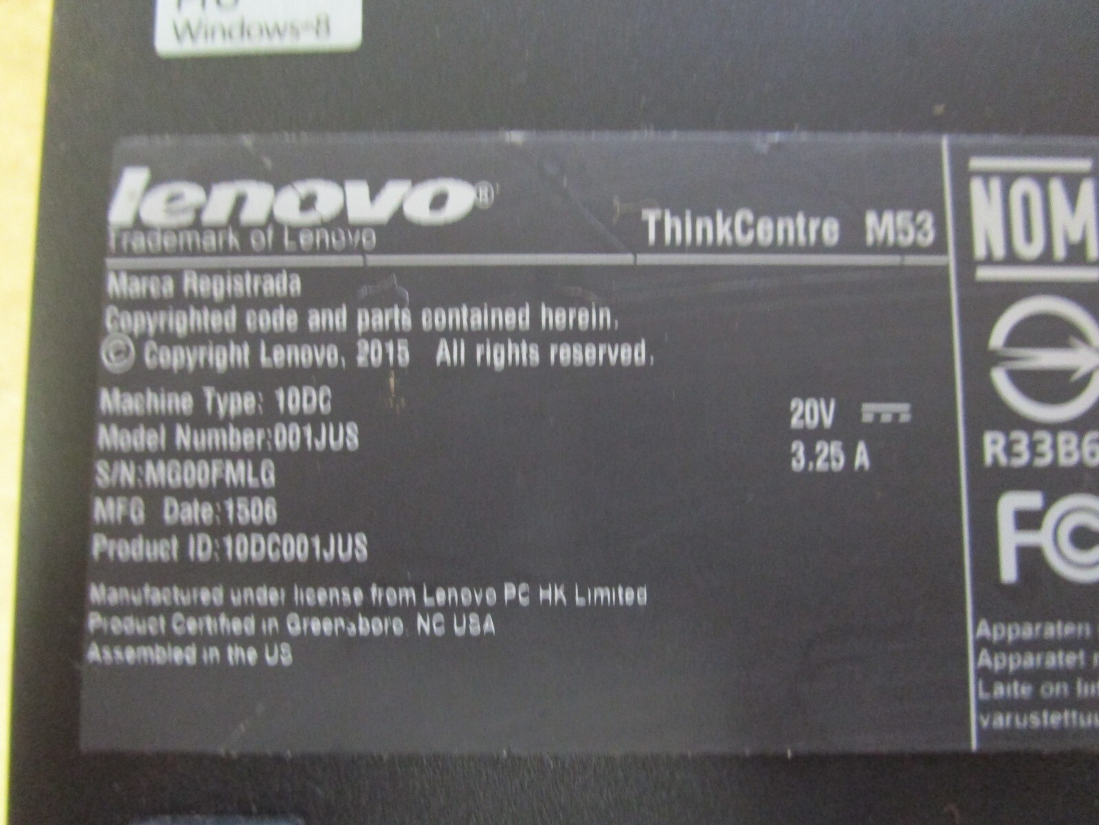 LENOVO THINKCENTRE DESKTOP PC PENTIUM M53 001JUS 20V VOLT 3.25A