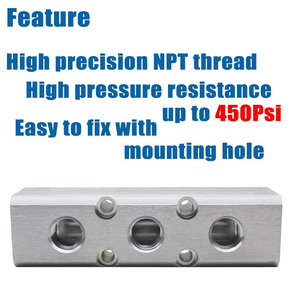 Air Manifold 3 Way 5 Port 1/2″ NPT Supply 1/4″ NPT Outport Aluminum 1Pcs