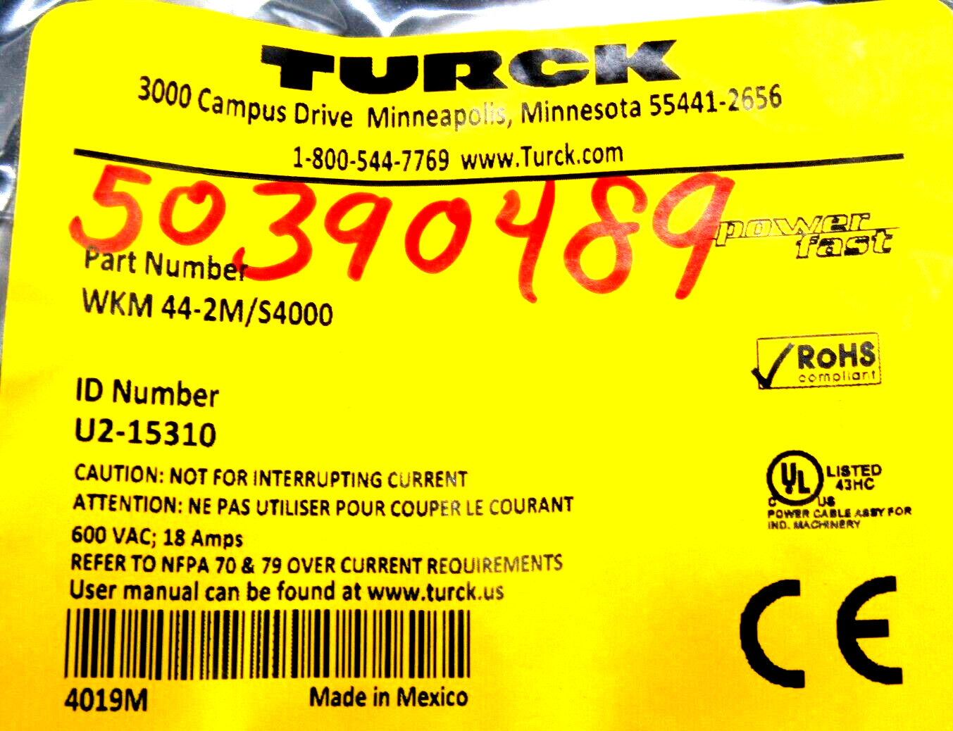 NEW TURCK WKM 44-2M/S4000 CORDSET WKM 442MS4000