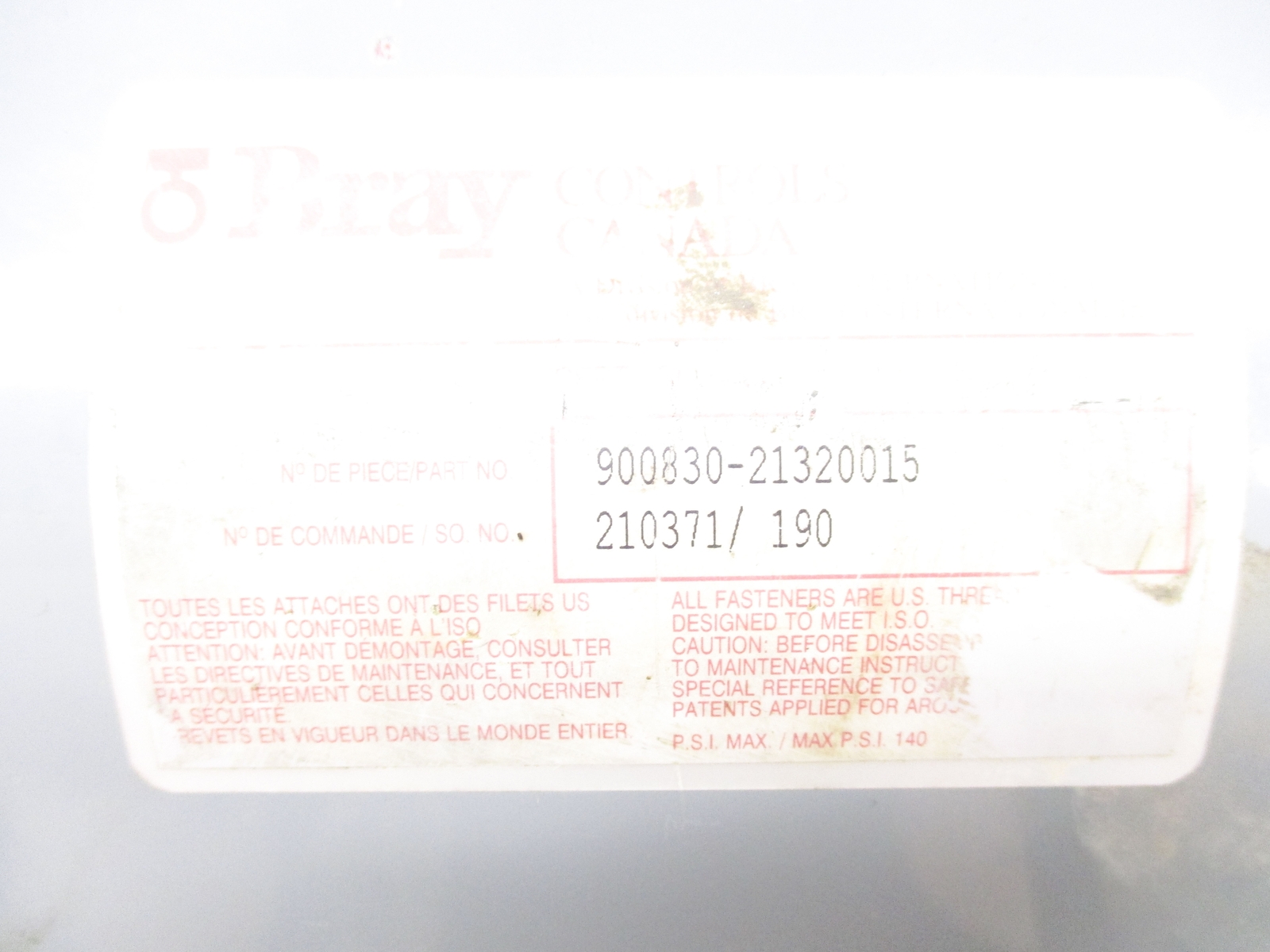 BRAY CONTROLS 900830-21320015 UNMP