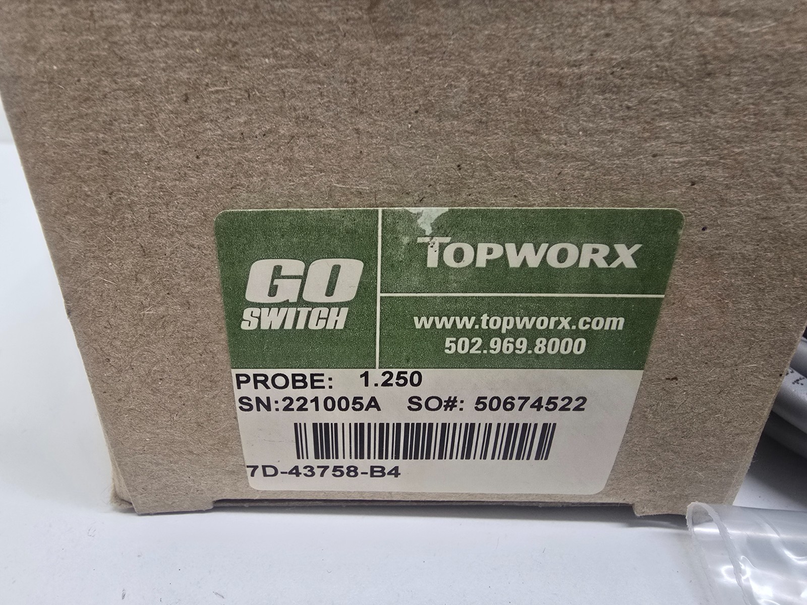 NEW IN BOX! TOPWORX GO SWITCH 1.250 PROBE PROXIMITY SWITCH 7D-43758-B4