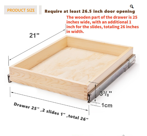 Mulush 26”W x 21”D x 3”H Pull Out Cabinet Drawer Soft Close Slide Out Wood