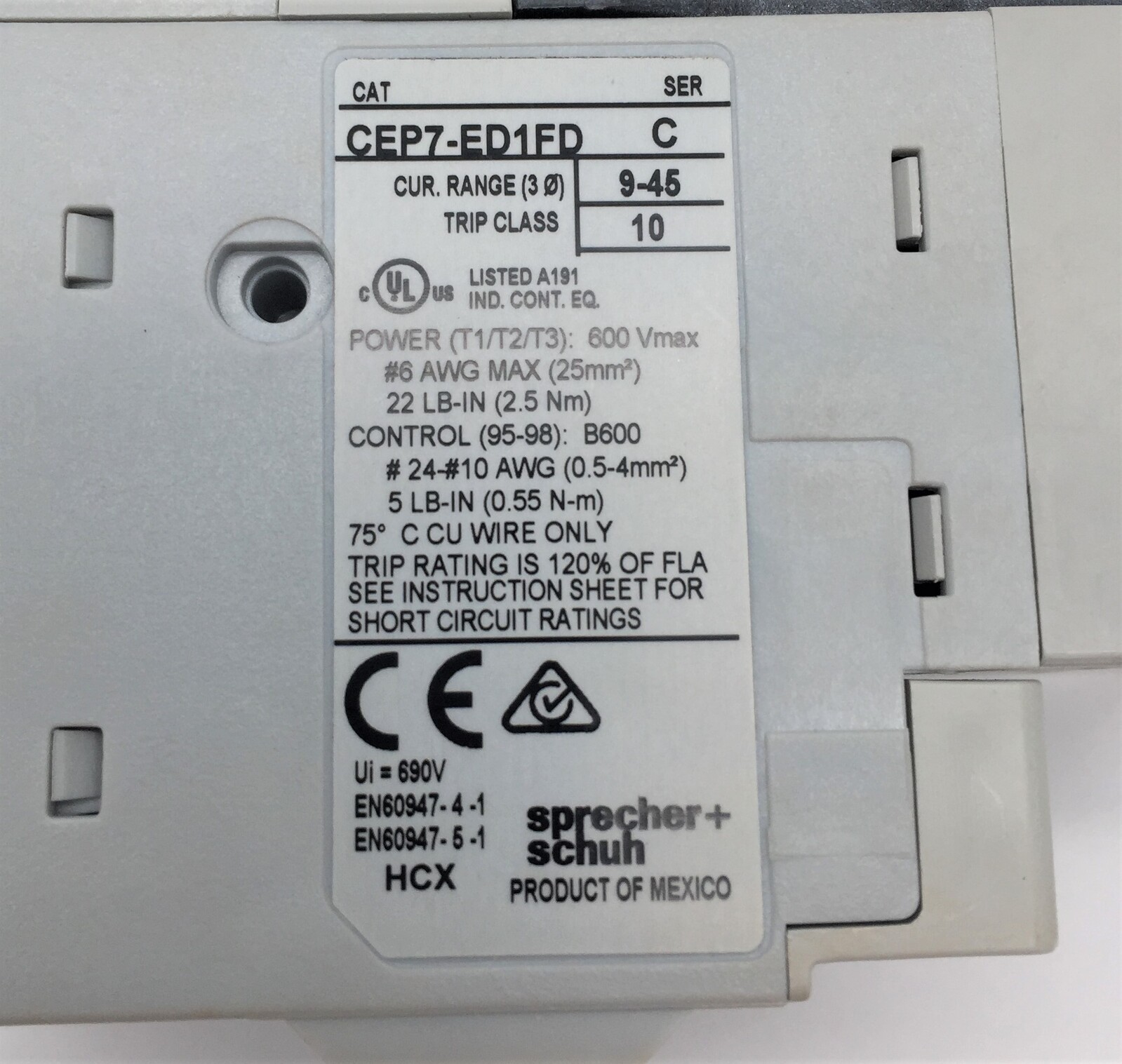 Sprecher+Schuh CEP7-ED1FD Overload Relay 9-45A 3 Phase Series C Suit CA7