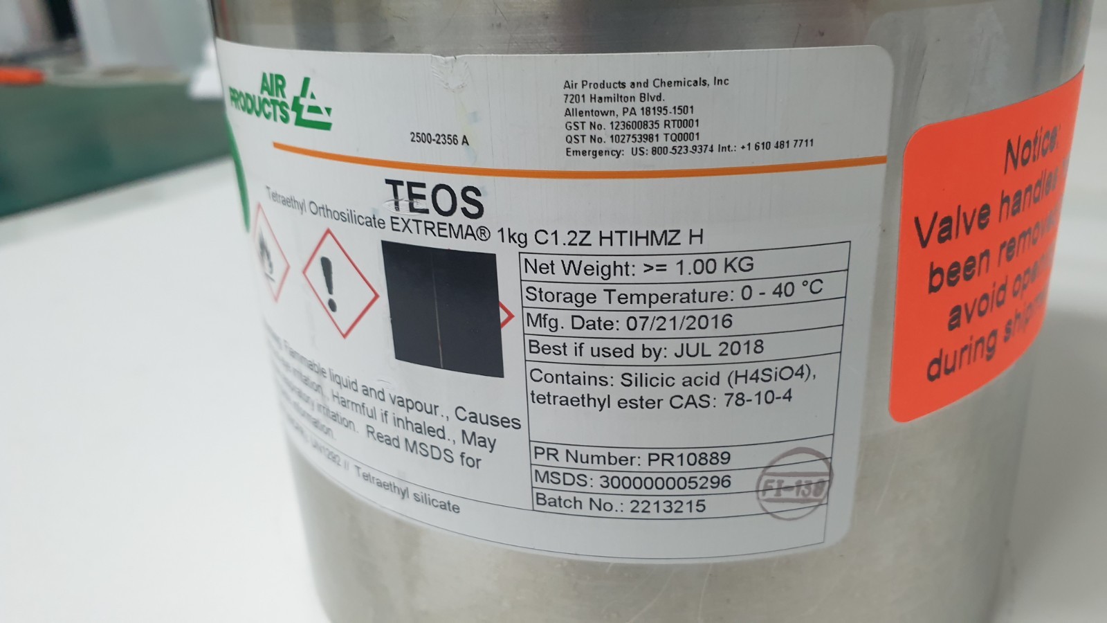 TEOS Cylinder – Schumacher BK1200SSU – Air Products / Versum – P/N: 2500-2356