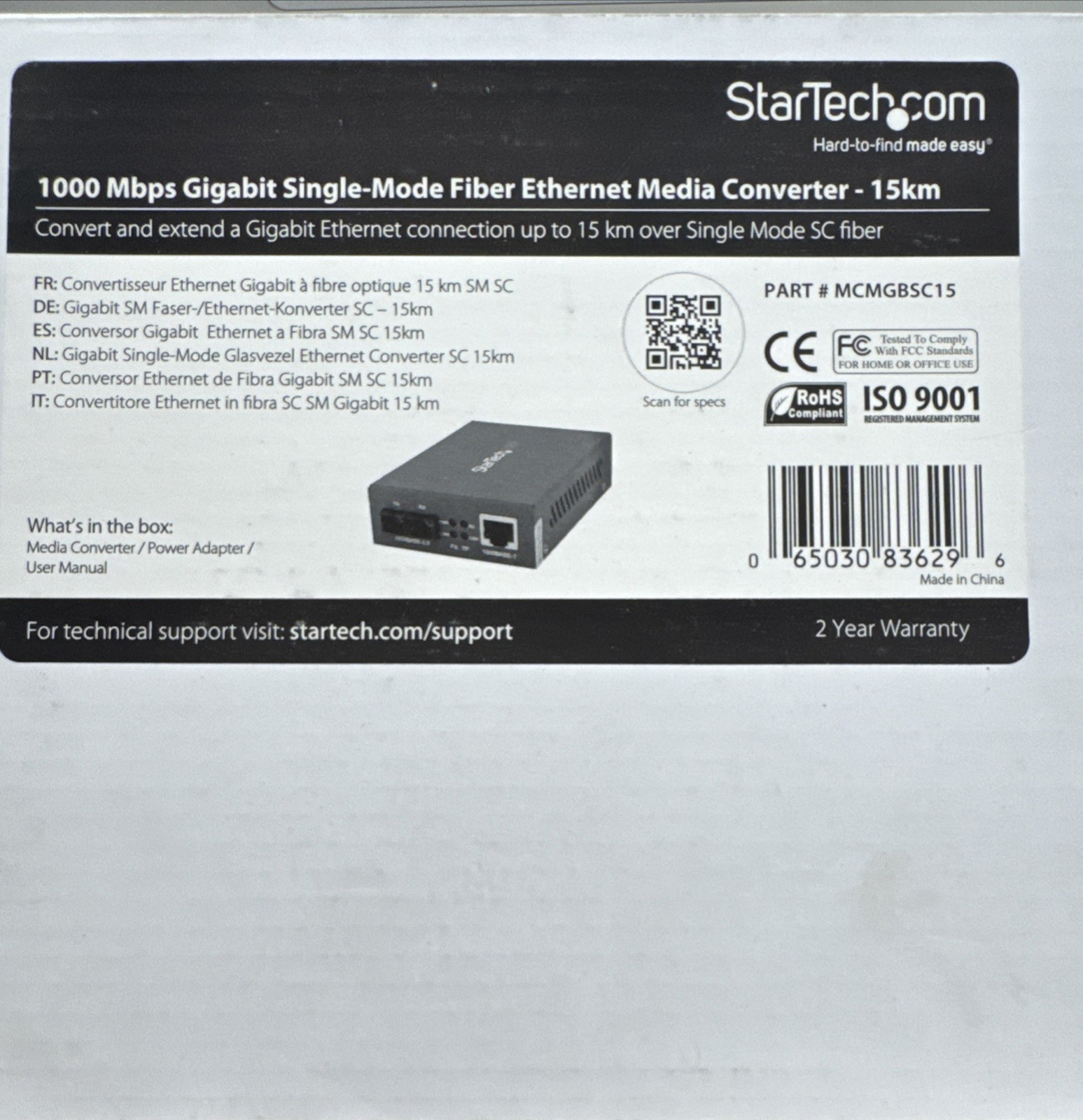 StarTech MCMGBSC15 1Gbps Single-Mode Fiber Ethernet Media Converter New-Open Box