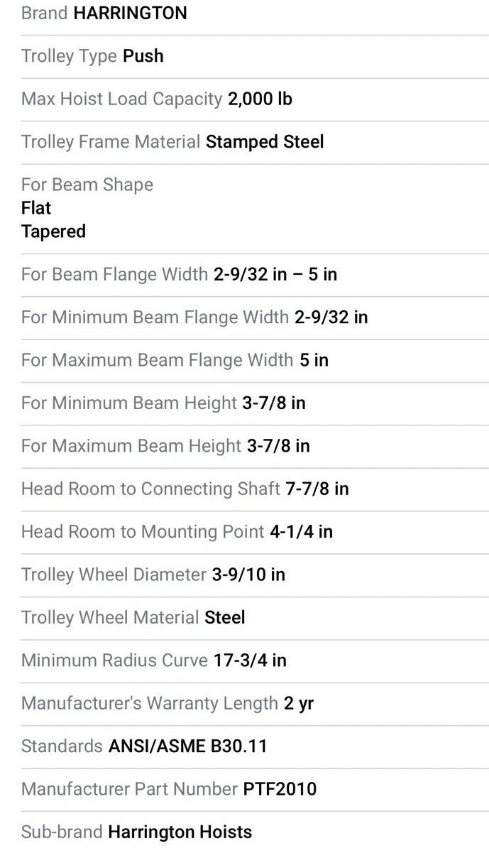 Harrington PTF2010 Push Trolley, 2000 Lb/ 1 Ton, 2 9/32 in – 5 in Beam Flange Wd