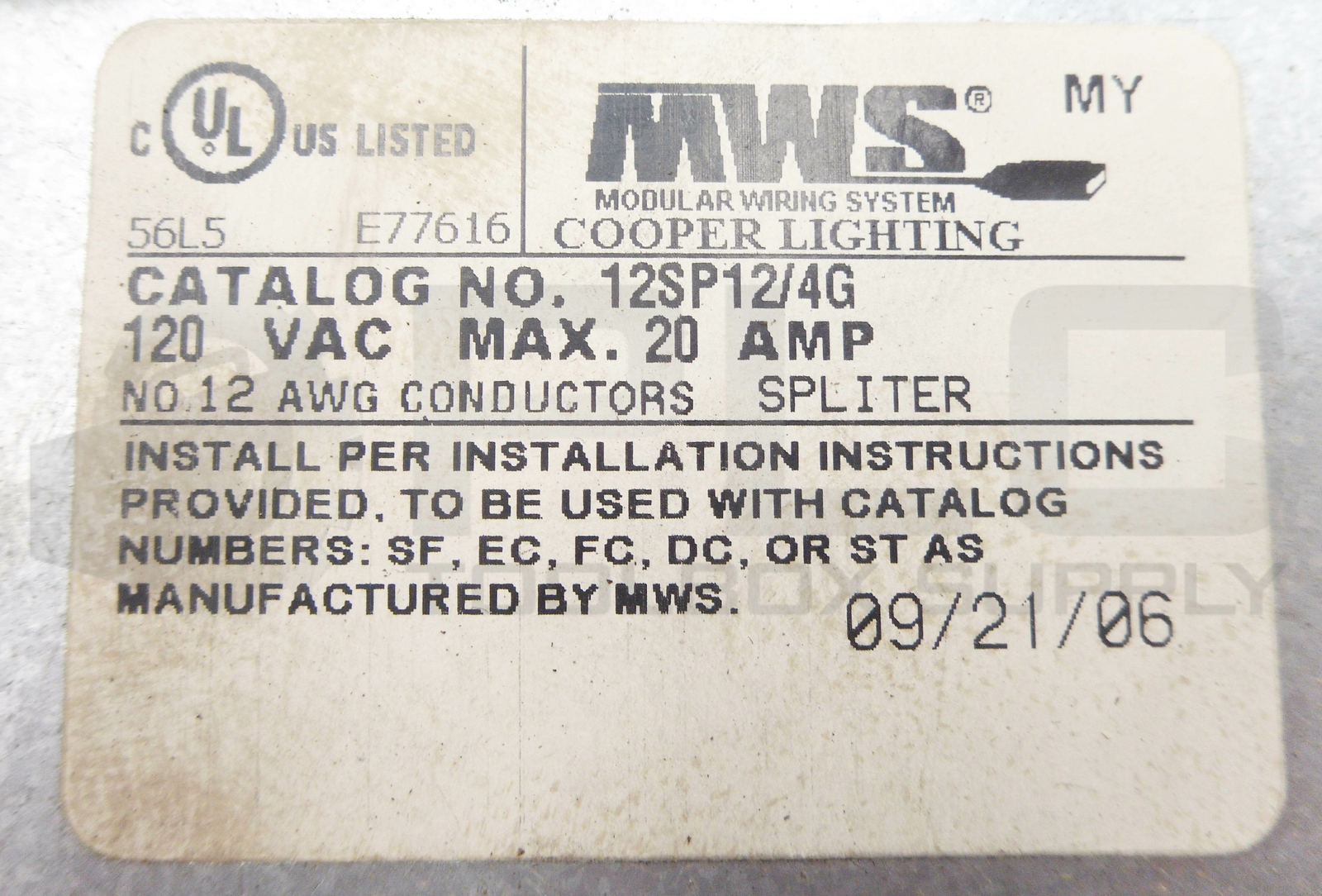 NEW MWS COOPER 12SP12/4G SPLITTER 12AWG USED FOR MODULAR WIRING SYSTEM