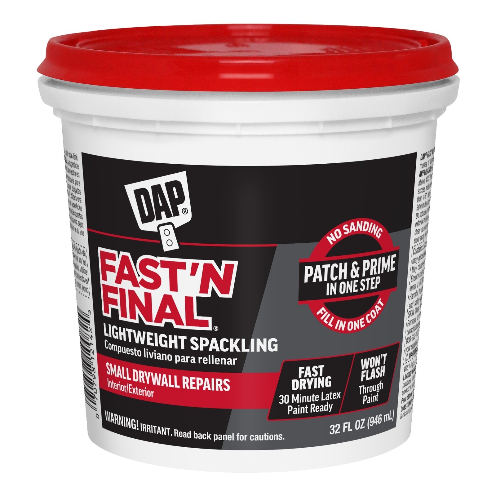 Dap 12142 Spackling Paste, 1 Qt, Tub, White, Fast ‘N Final