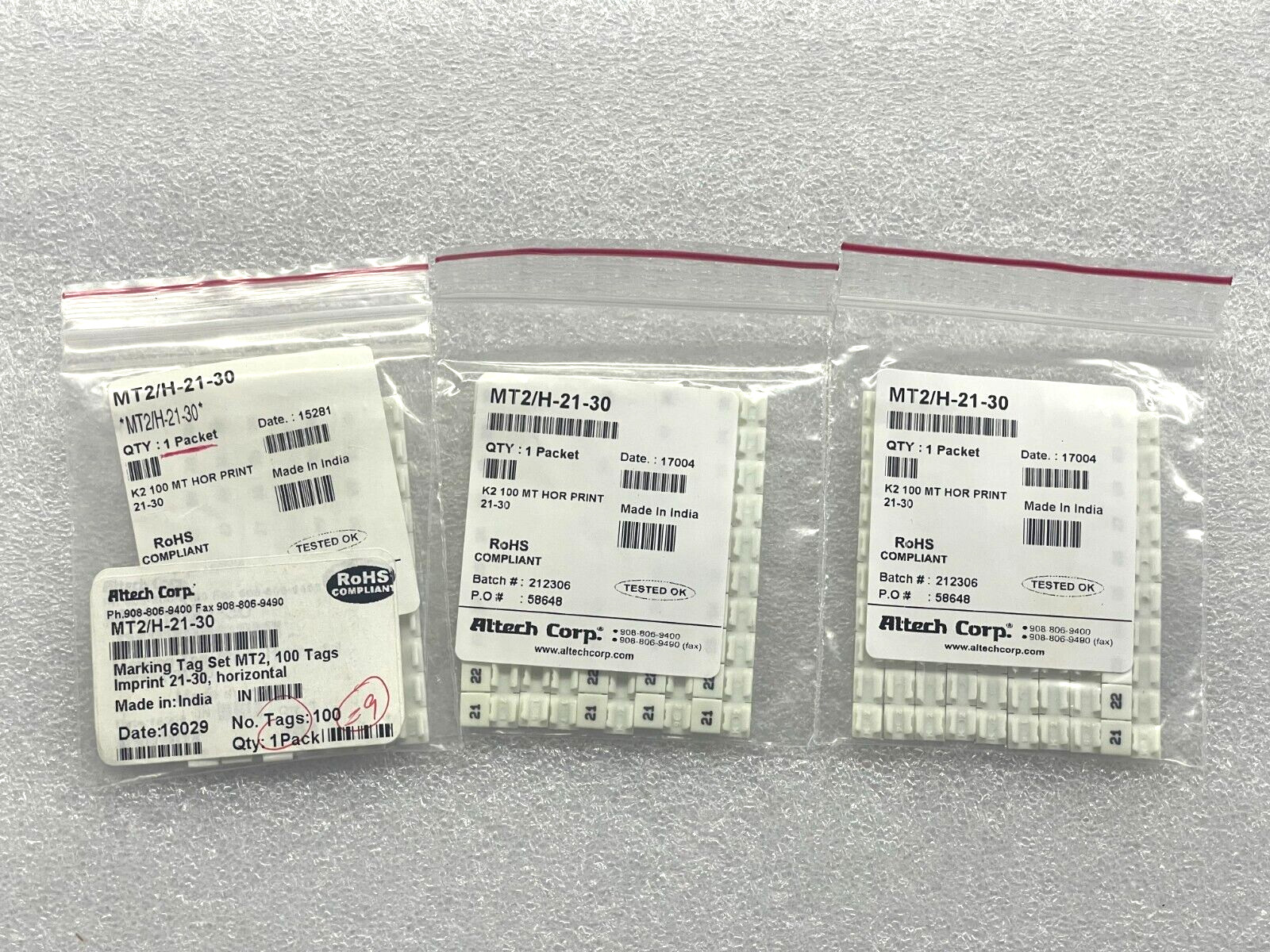 (3 PACKS OF 100) MT2/H-21-30, ALTECH Horizontal Marking Tags numbered 21-30