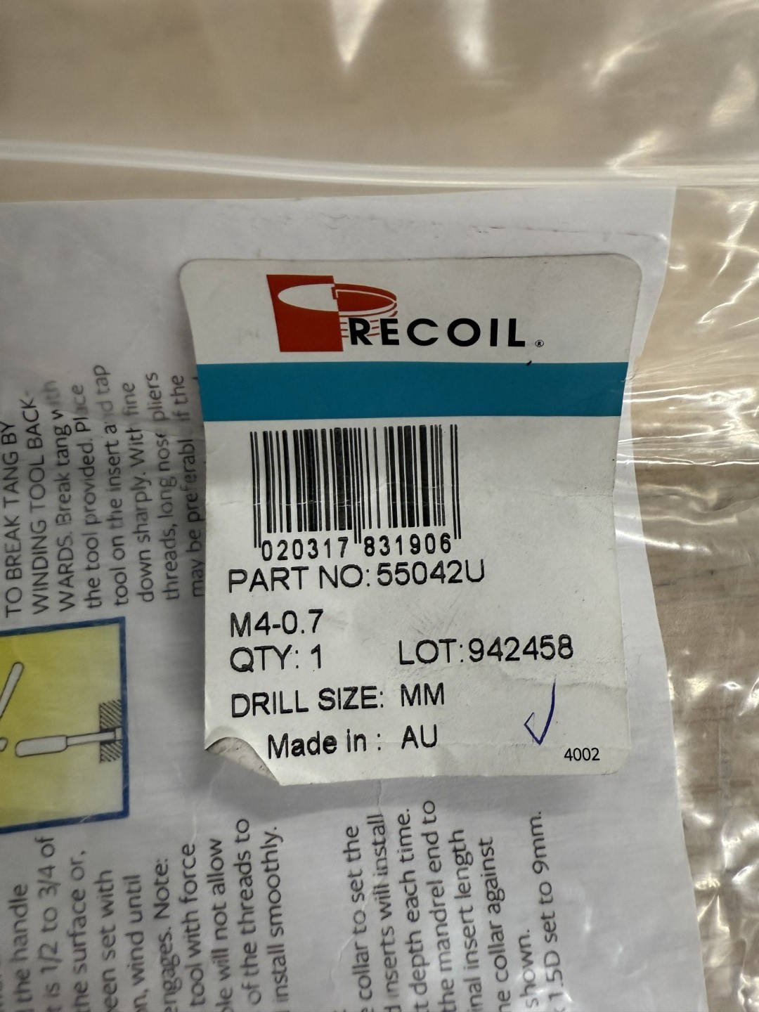 RECOIL 55042U Prewinder Type II Insert Installation Tool, Plastic – 3HLY5 – NEW
