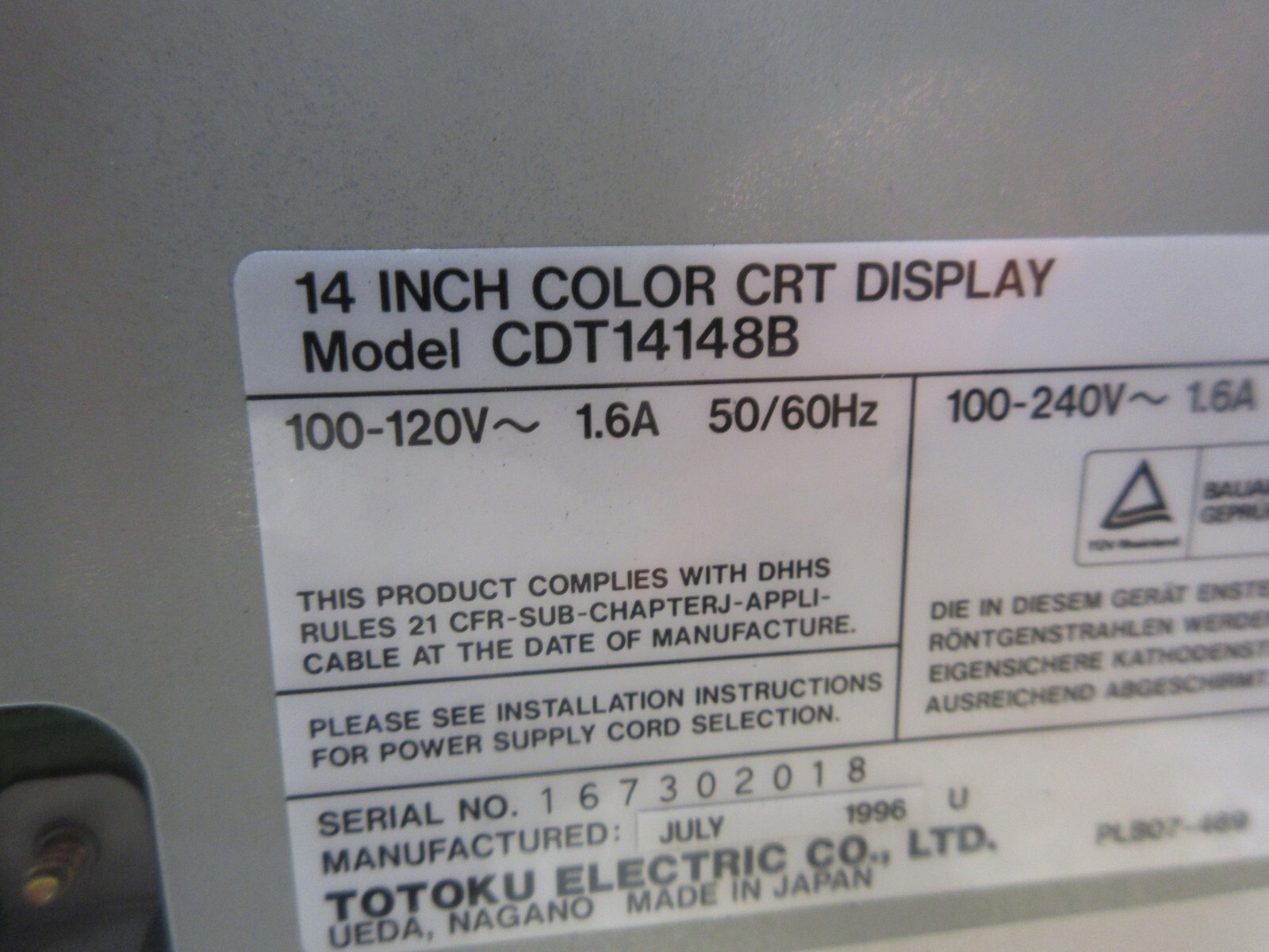 *SPECIAL PRICE* TOTOKU 14 INCH COLOR CRT DISPLAY MONITOR CDT14148B M34KNM23XX01