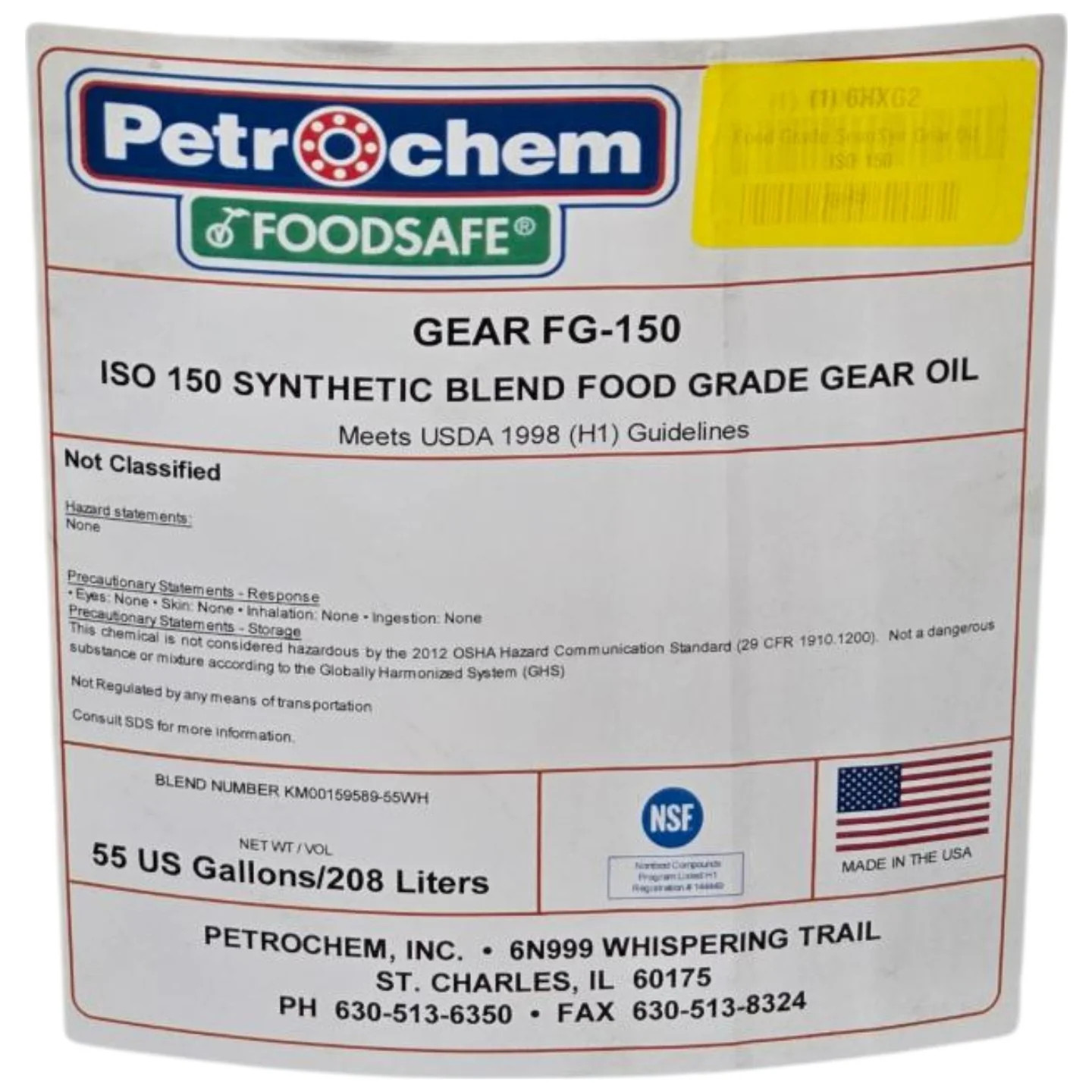 Petrochem GEAR FG-150 ISO 150 85W 55 Gal Synthetic Blend Food Grade Gear Oil