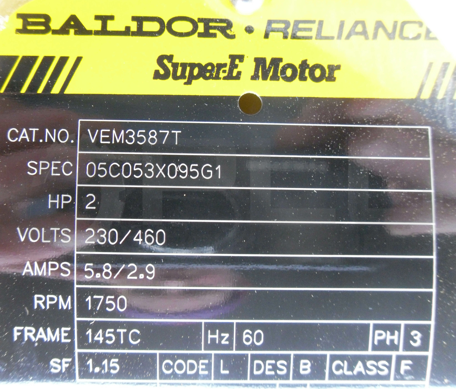 NEW BALDOR VEM3587T SUPER E MOTOR SPEC 05C053X095G1 HP 2 230/460V RPM 1750