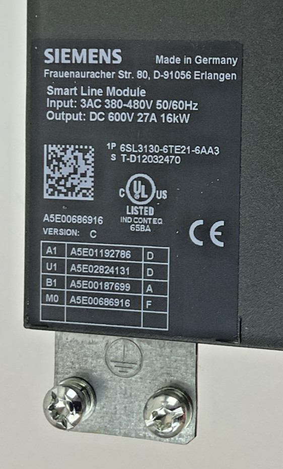 SIEMENS 6SL3130-6TE21-6AA3 SMART LINE MODULE 27A 16KW 480V 50/60HZ