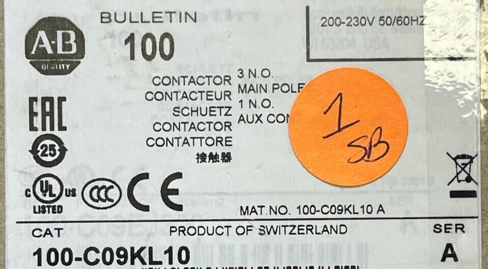 Allen Bradley 100-C09KL10 Ser A Contactor 100-C09*10 200-230V AC Coil 9A