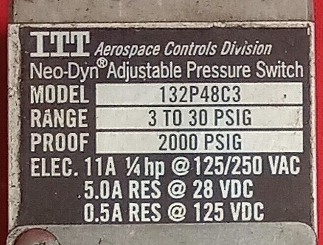 ITT AEROSPACE CONTROLS DIVISION NEO-DYN ADJUSTABLE PRESSURE SWITCH 132P49C3