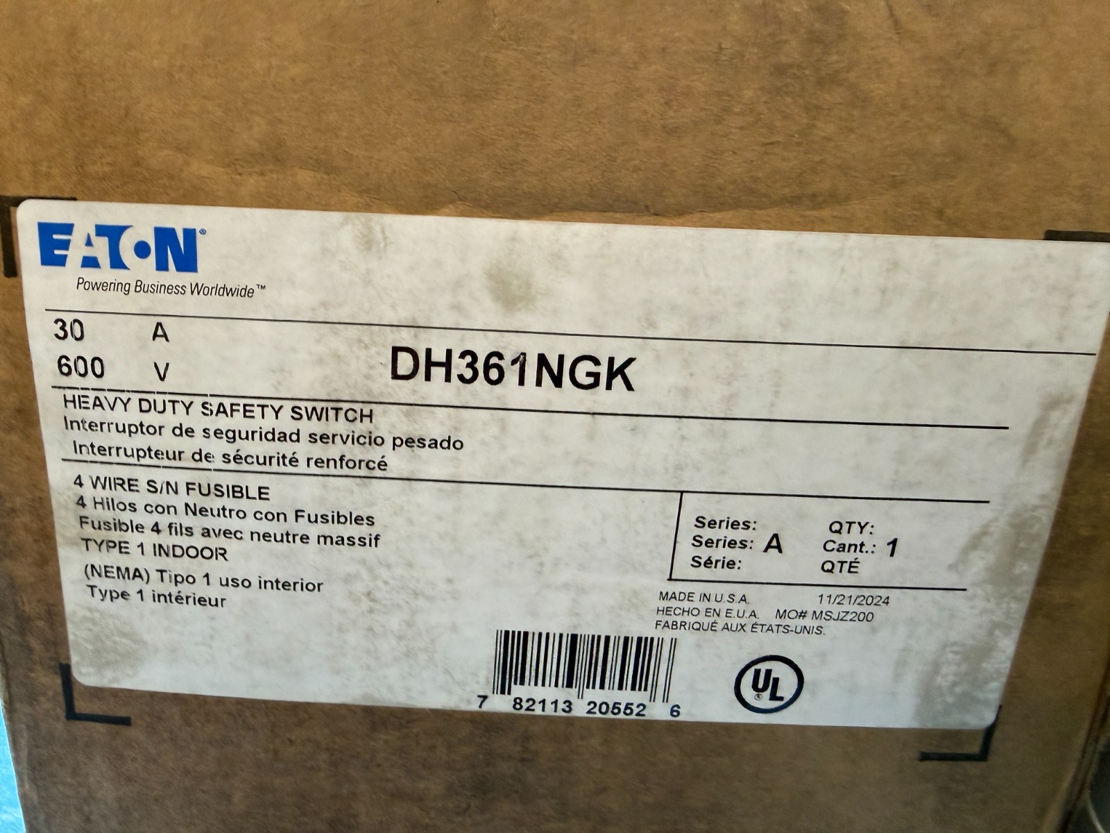 Eaton DH361NGK 30A 600V Series-A Heavy Duty Disconnect Safety Switch