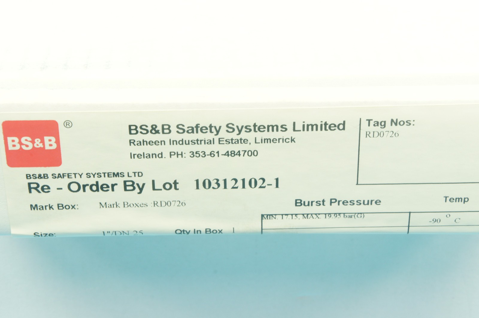 BS&B 10312102-1 SKR rupture disk 1 in.(1″)/DN25 316SS 17.15-19.95bar(G)@-90°C