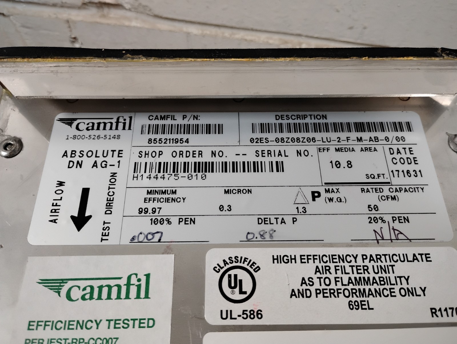 Camfil 0.3 Micron Stainless Filter 8″x8″x6″ P/N 855211954 – 50cfm