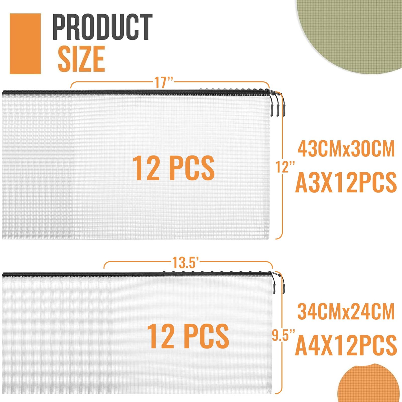 24pcs A4 Mesh Zipper Pouch File Bags, 12pcs Large A3 and A3+A4, Black