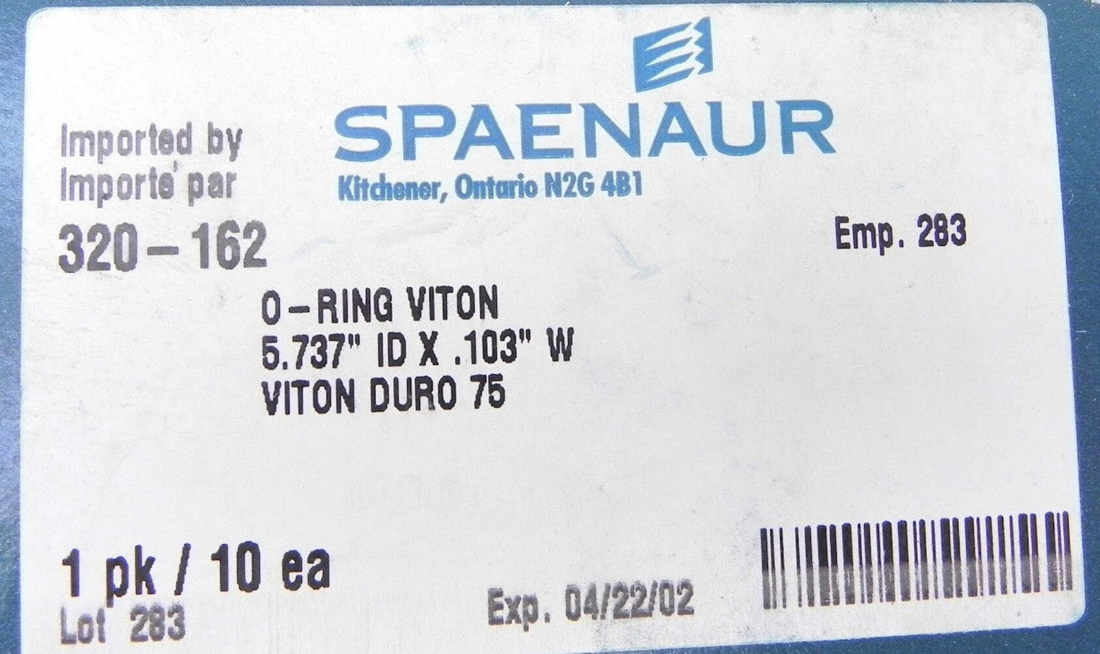 Spaenaur O Ring Viton 75 Duro Black 320-162 (10 Pcs)