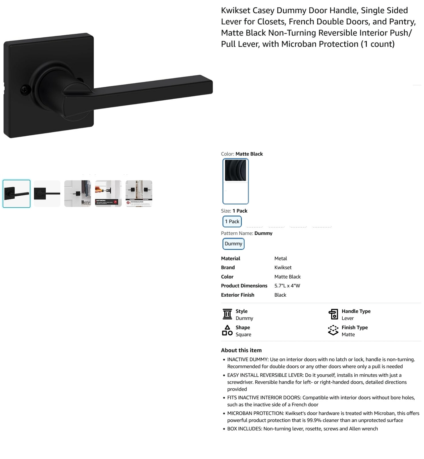 1 NEW KWIKSET 94880-614 MATTE BLACK CASEY DUMMY DOOR HANDLE NIB ***MAKE OFFER***