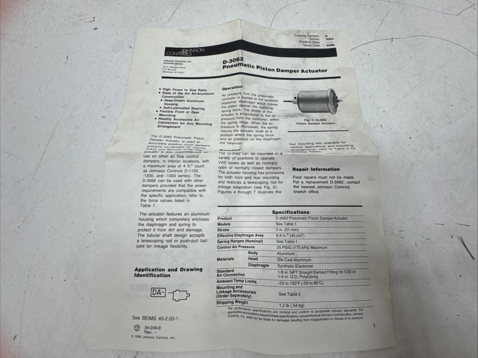 Johnson Controls D-3062-3 Pneumatic Piston Damper Actuator