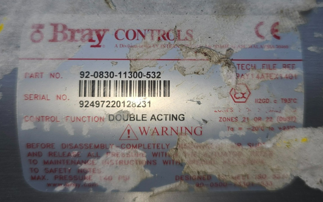 Bray 92-0830-11300-532 Pneumatic Actuator w/Flowtek F15 SST 1 1/2″ Ball Valve