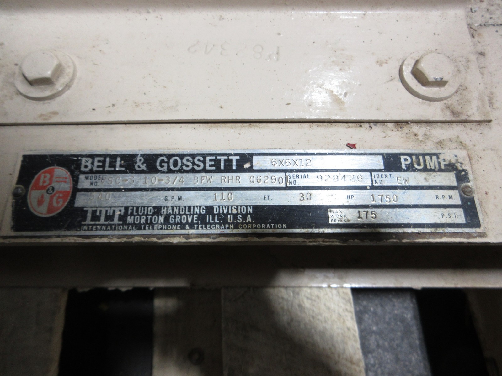 Bell & Gossett 6X6X12 Pump VSC-S 10-3/4 BFW RHR Q6290 30HP 1750RPM 540GPM Used