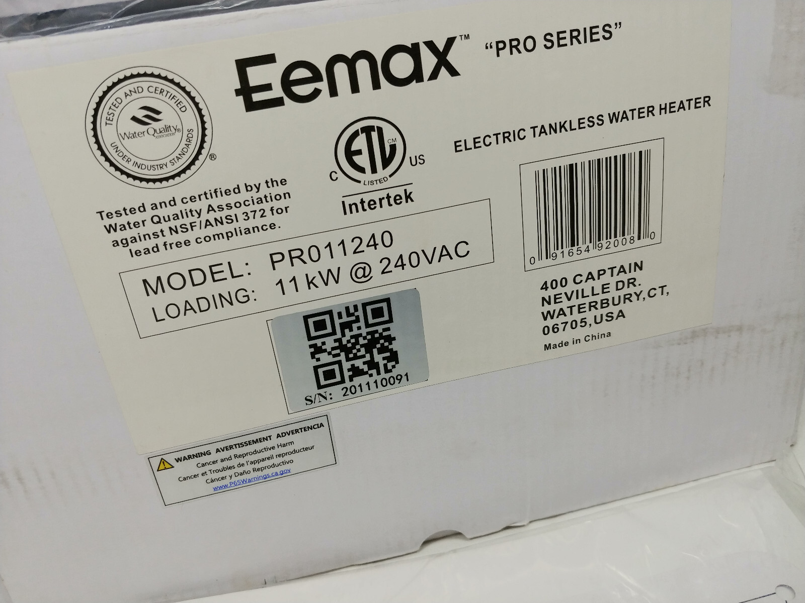 Eemax Pr011240 240Vac Electric Tankless Water Heater