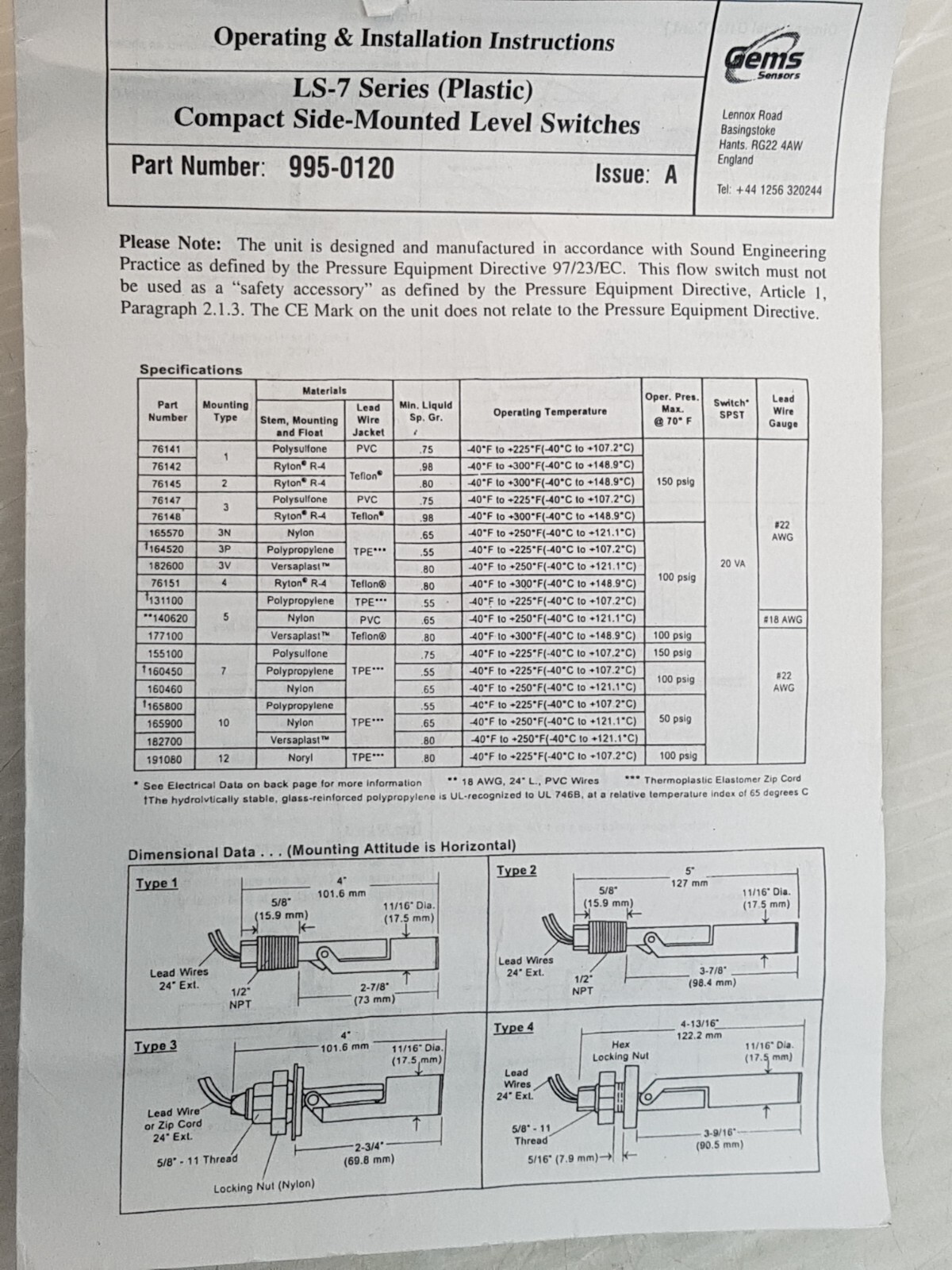 LUMENIS Gems LS-7 Series Level Switch 131100