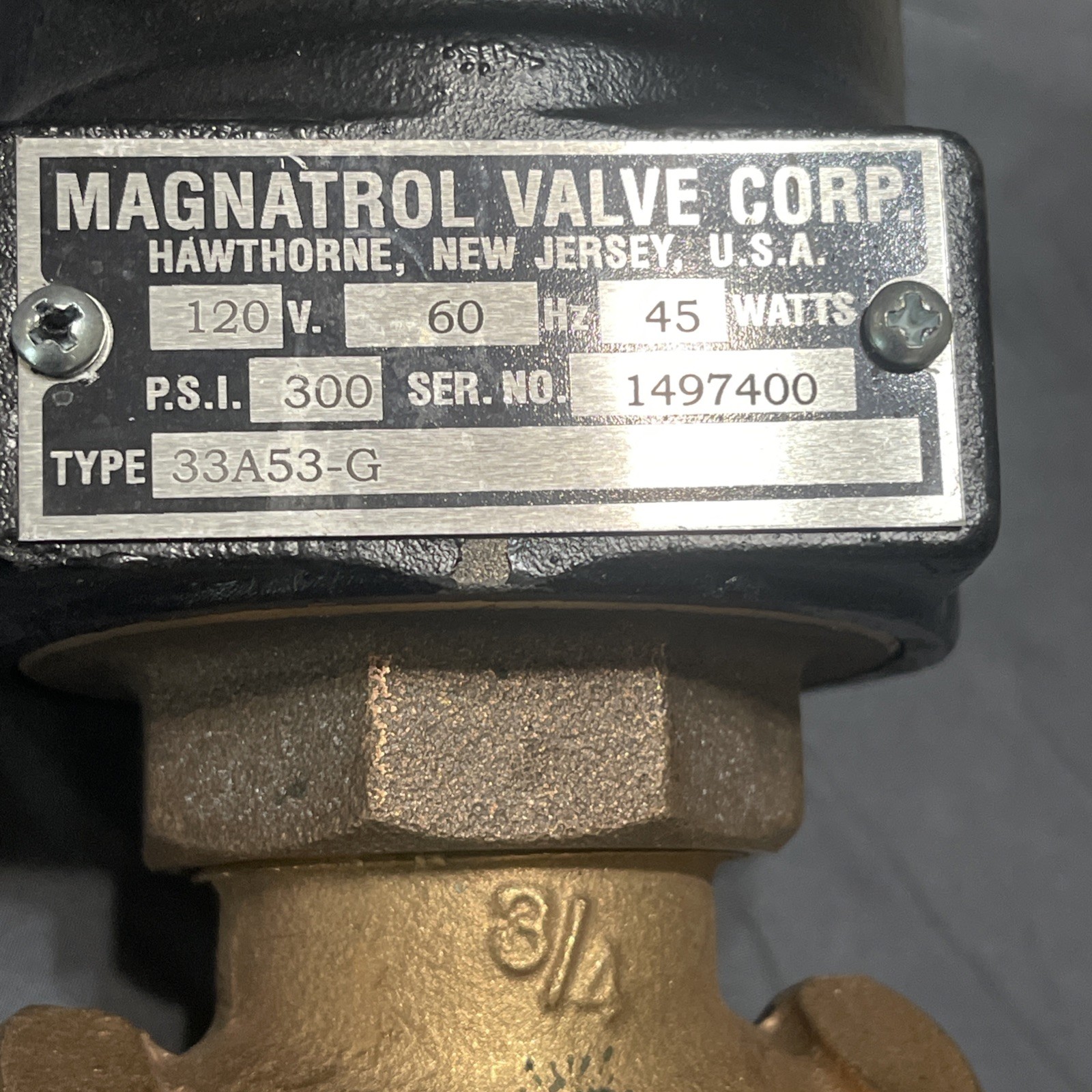 NEW 33A53-G MAGNATROL 120V 45W 300 PSI 3/4” SOLENOID VALVE