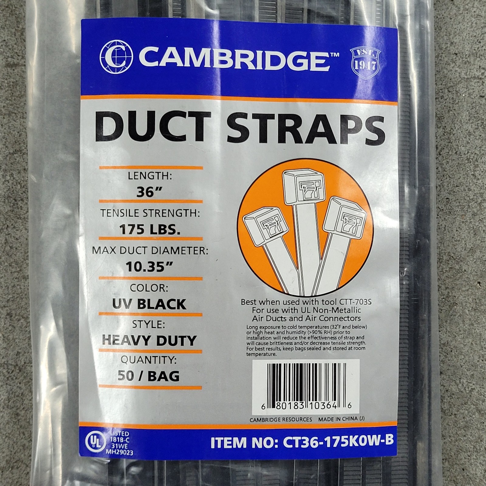 Pack of 50 – Cambridge CT36-175K0W-B Duct Strap, 36″, UV Black – NEW
