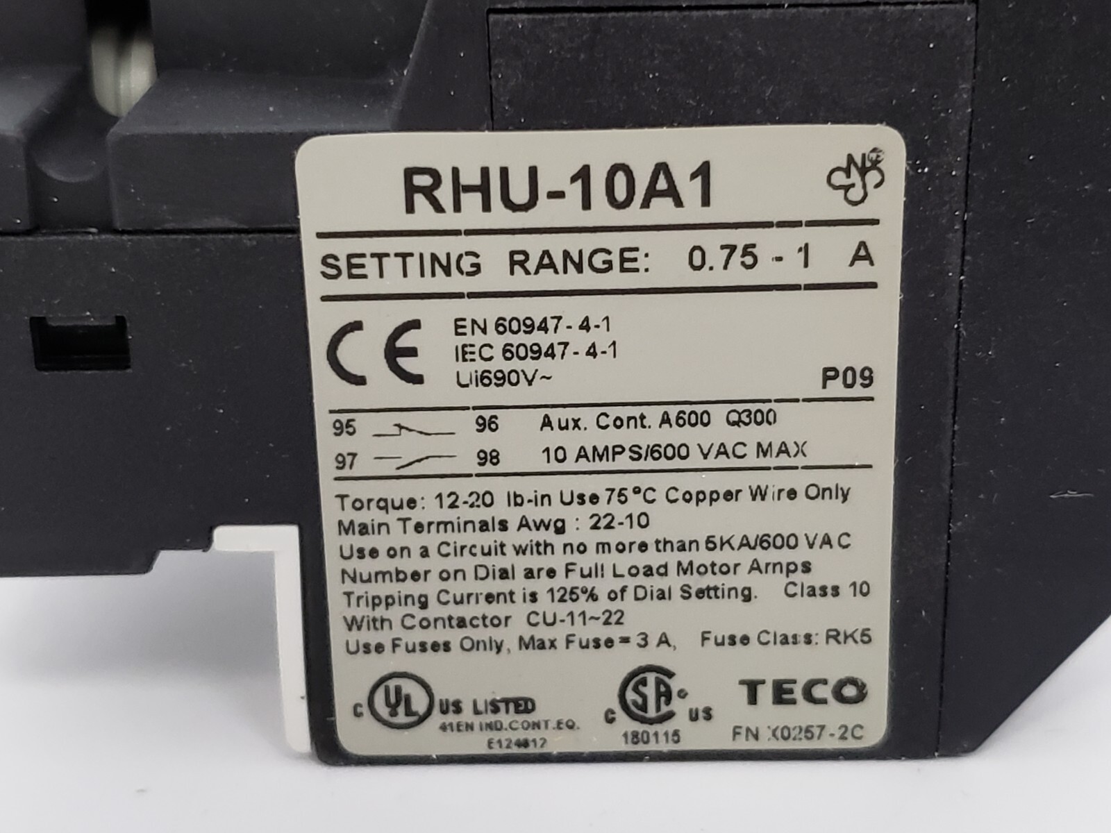 TECO RHU-10A1 THERMAL OVERLOAD RELAY 3 POLE 0.75-1 A 2 NO 2NC NIB