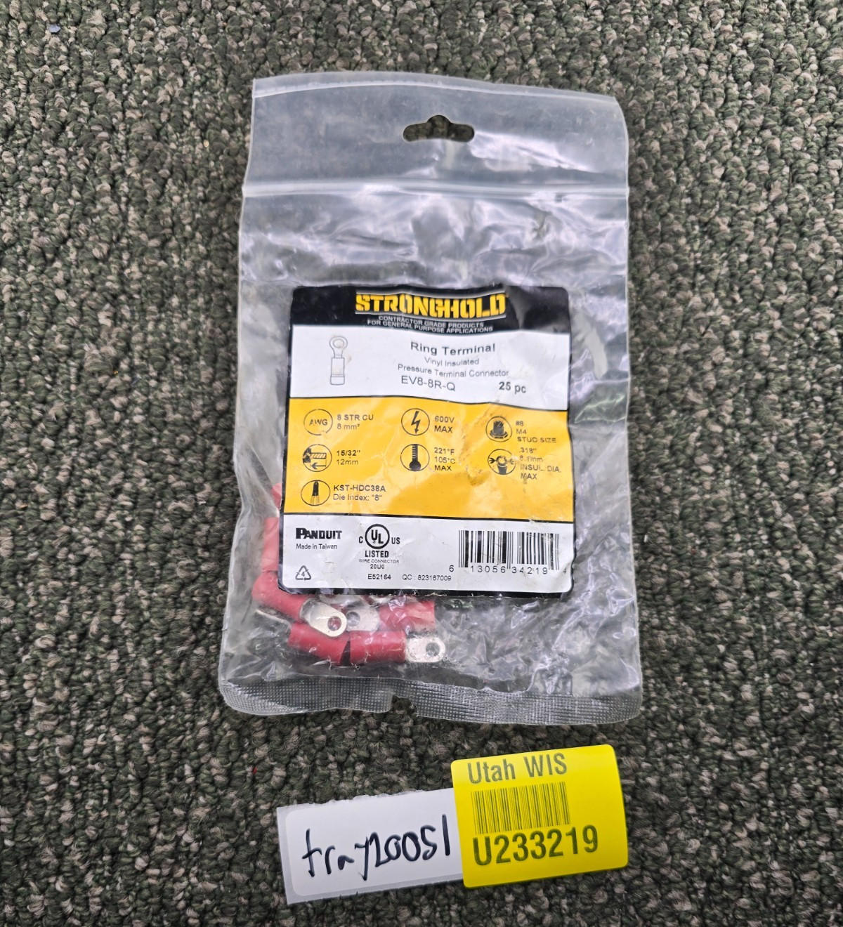 (QTY 25) Panduit EV8-8R-Q StrongHold Vinyl-Insulated Ring Terminals 8 AWG Str