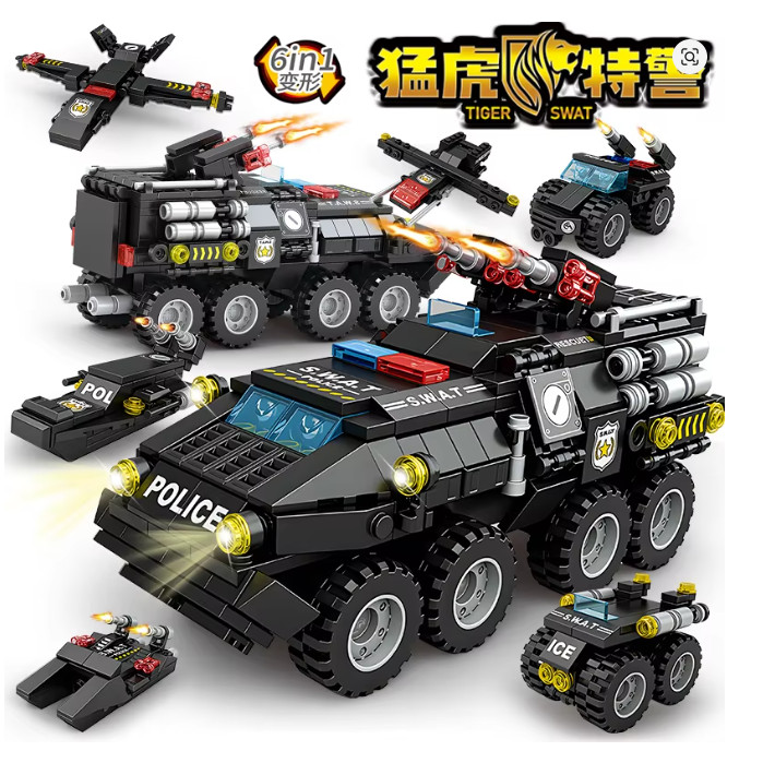6 in 1 Military Building Blocks Tiger Police Car Armored Vehicle Aircraft Set…
