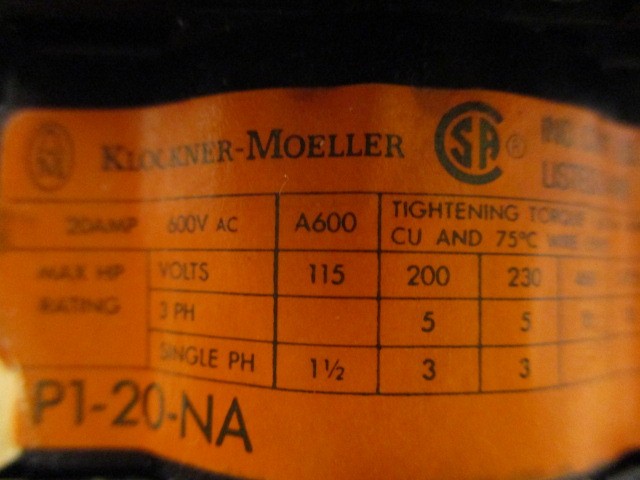 Klockner Moeller P1-20-NA Eaton Disconnect Switch P120NA