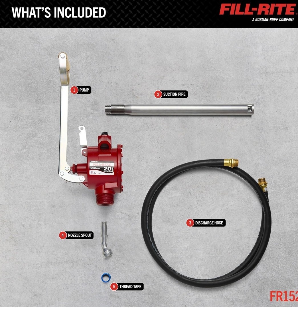 NEW IN BOX Fill-Rite FR152 Piston Hand Pump with Hose & Nozzle Spout, Red